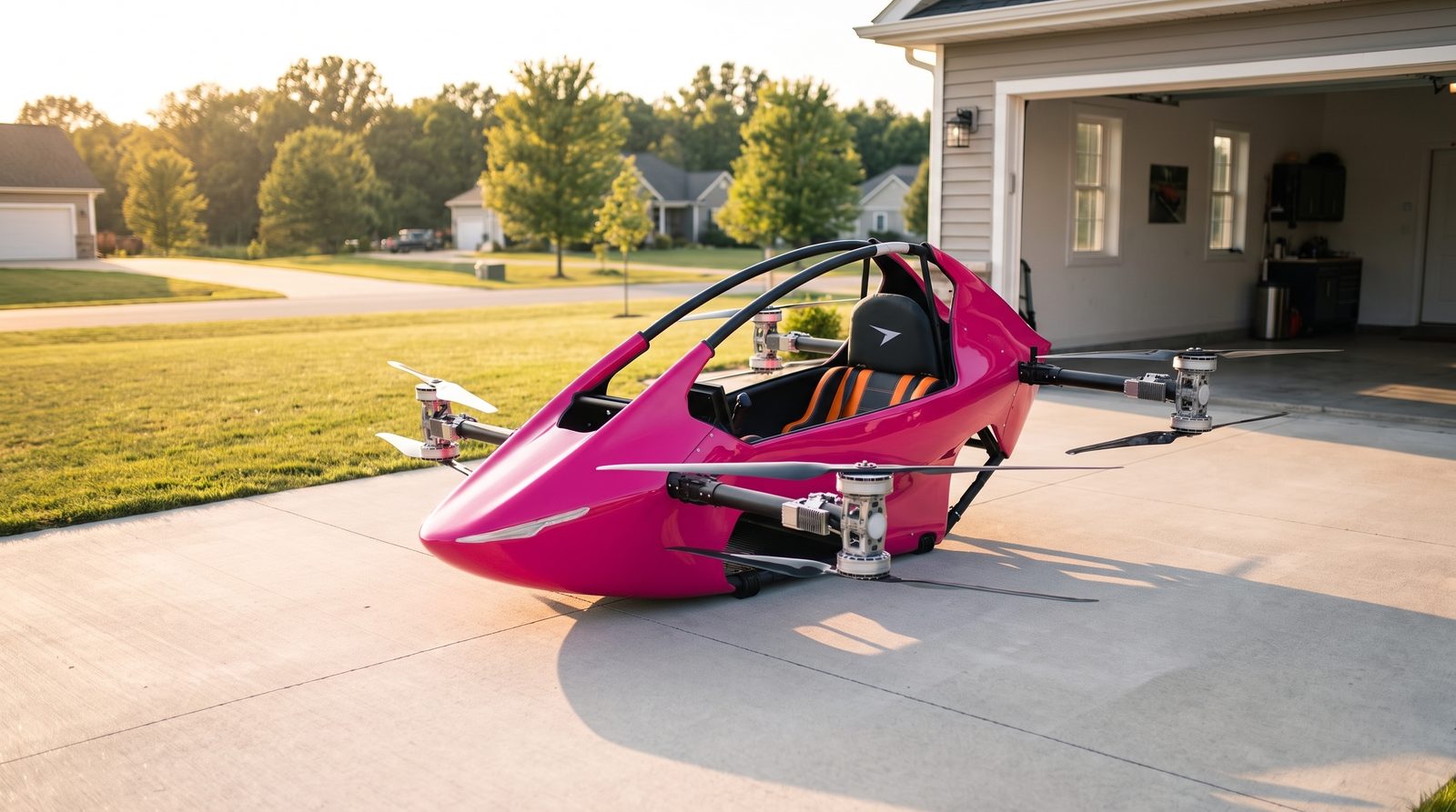 YIVTOL S-Zero personal eVTOL parked on a home driveway at golden hour