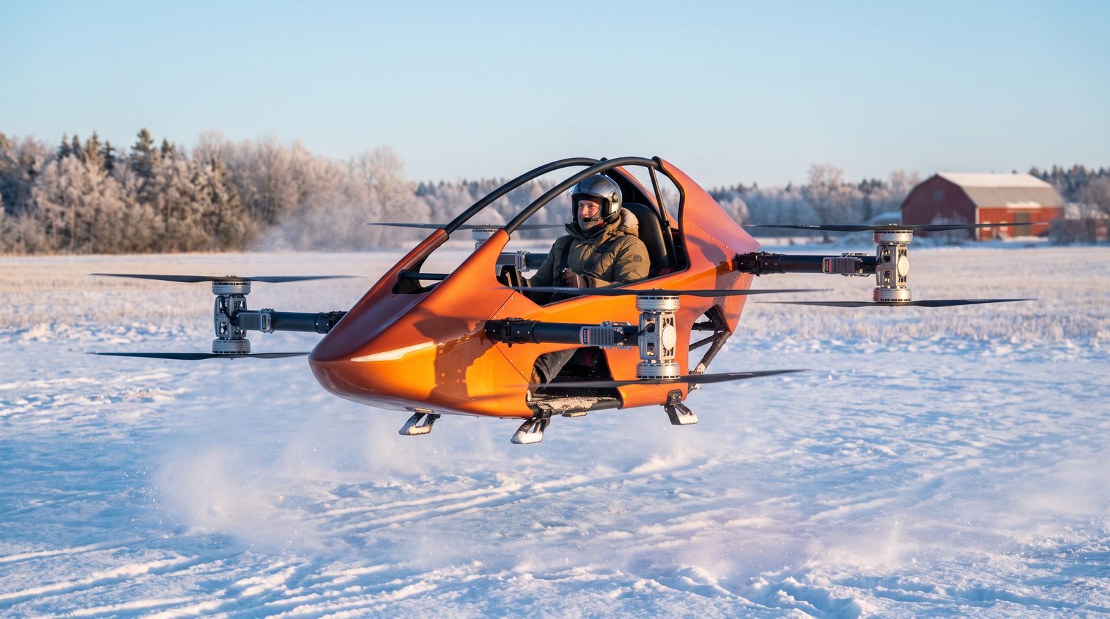 Orange S-Zero personal eVTOL hovering over a snow-dusted farm field in winter light
