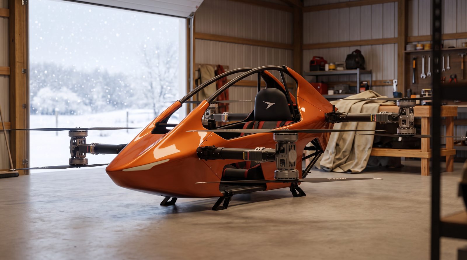 S-Zero eVTOL stored in a clean farm shed with snow falling outside the open door